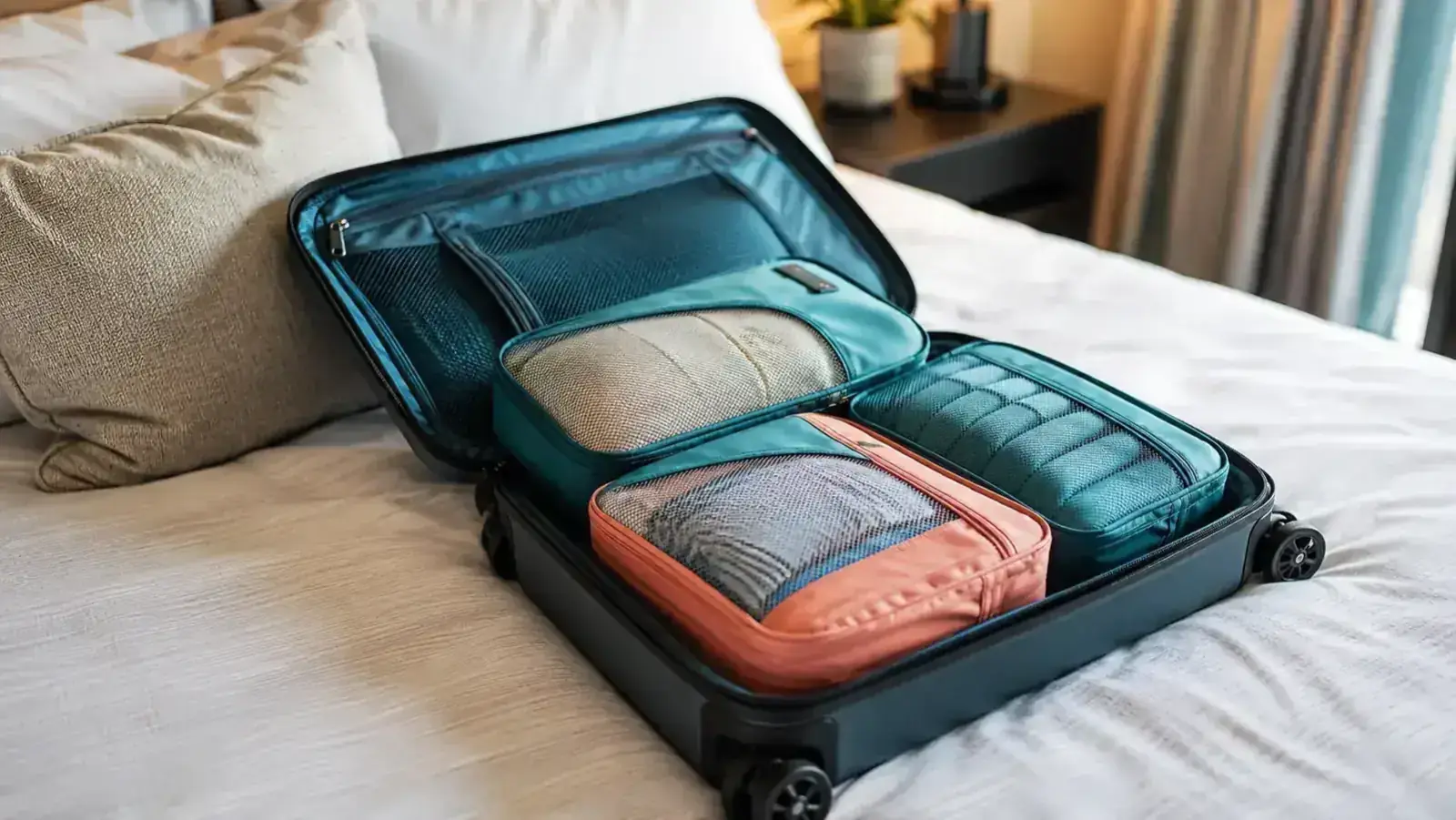 Open carry-on suitcase packed neatly with teal and coral compression packing cubes, clothes visibly compact inside each cube