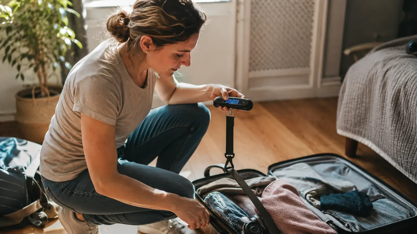 Traveler weighing a suitcase with a digital luggage scale on a wooden floor before a trip