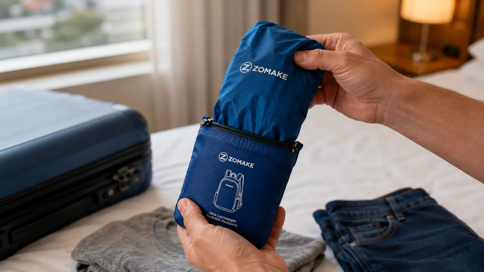 ZOMAKE packable backpack being unfolded from its own pocket, held in one hand