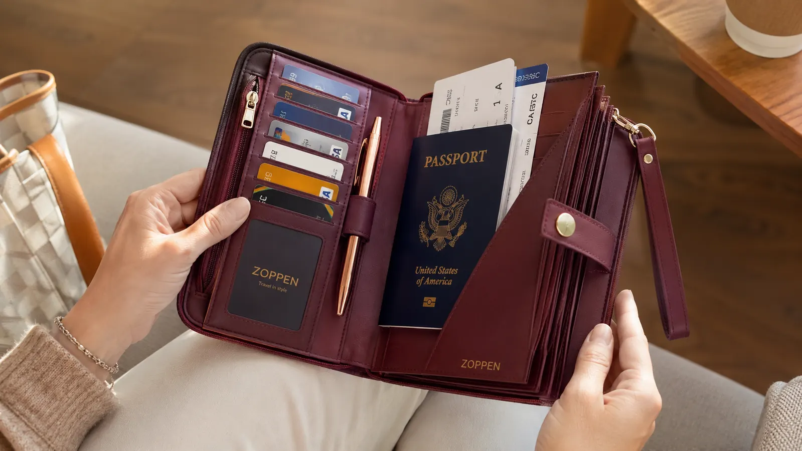 Interior view of a ZOPPEN passport wallet showing slots for passport, cards, boarding passes, and a pen loop