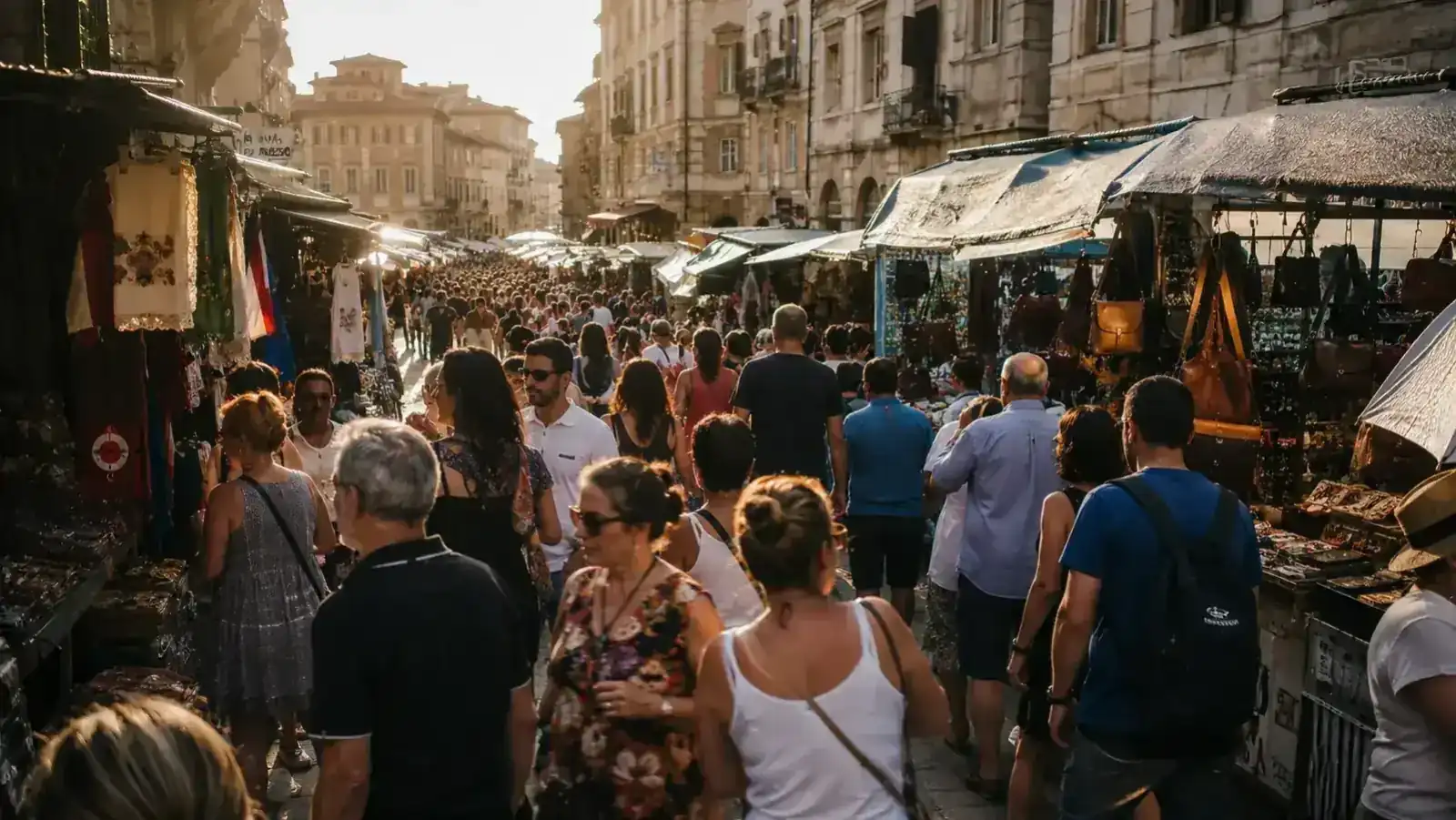 Busy European market with crowds of people, illustrating the environment where RFID skimming and pickpocketing can occur