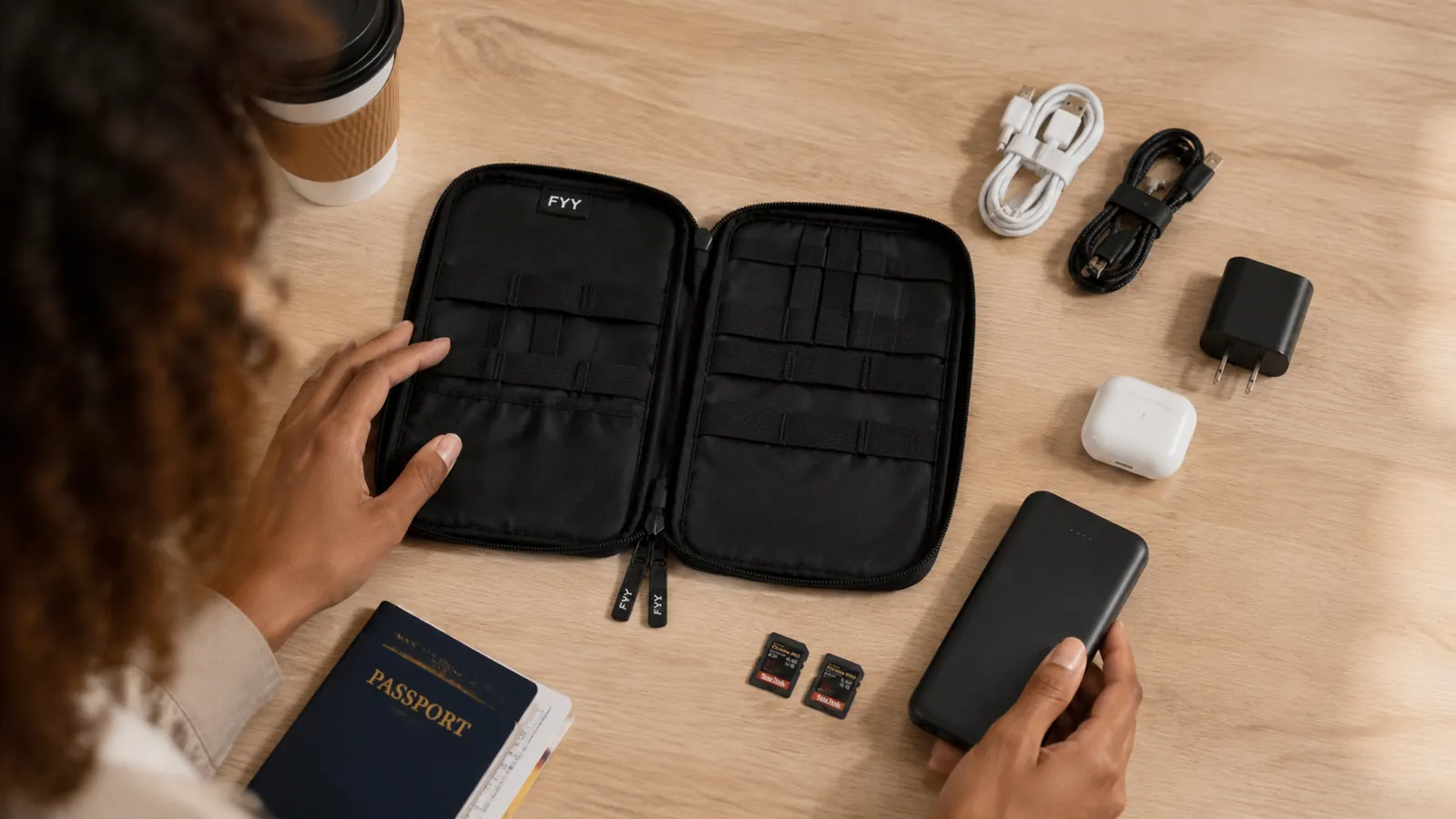Overhead flat-lay showing the full contents of an FYY cable organizer arranged outside the bag: two charging cables, a wall adapter, earbuds, a power bank, and two SD cards