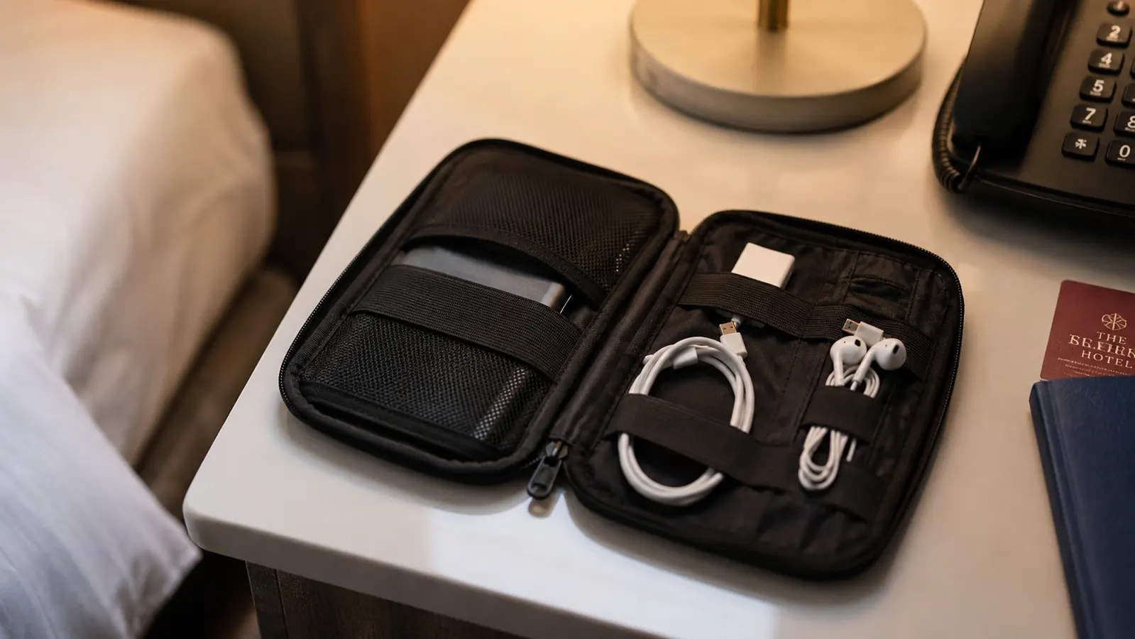 FYY electronic organizer bag unzipped on a hotel nightstand showing cables, a power bank, and earbuds laid out in organized slots