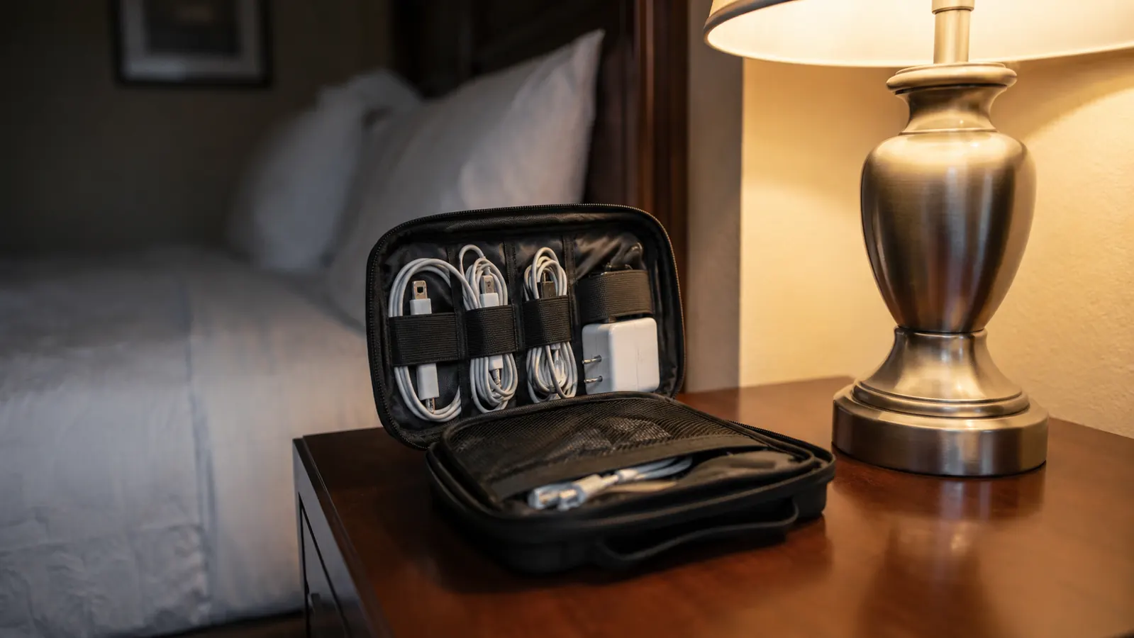 Cable organizer open on a hotel nightstand with phone charger, international adapter, and USB hub neatly stowed