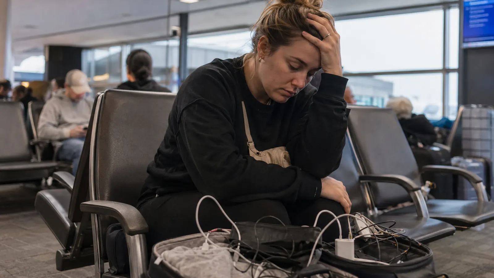 Woman sitting at airport gate looking frustrated while digging through a bag full of tangled cables
