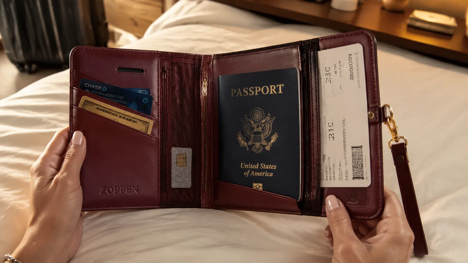 ZOPPEN RFID passport wallet laid open showing passport, credit cards, and boarding pass slots