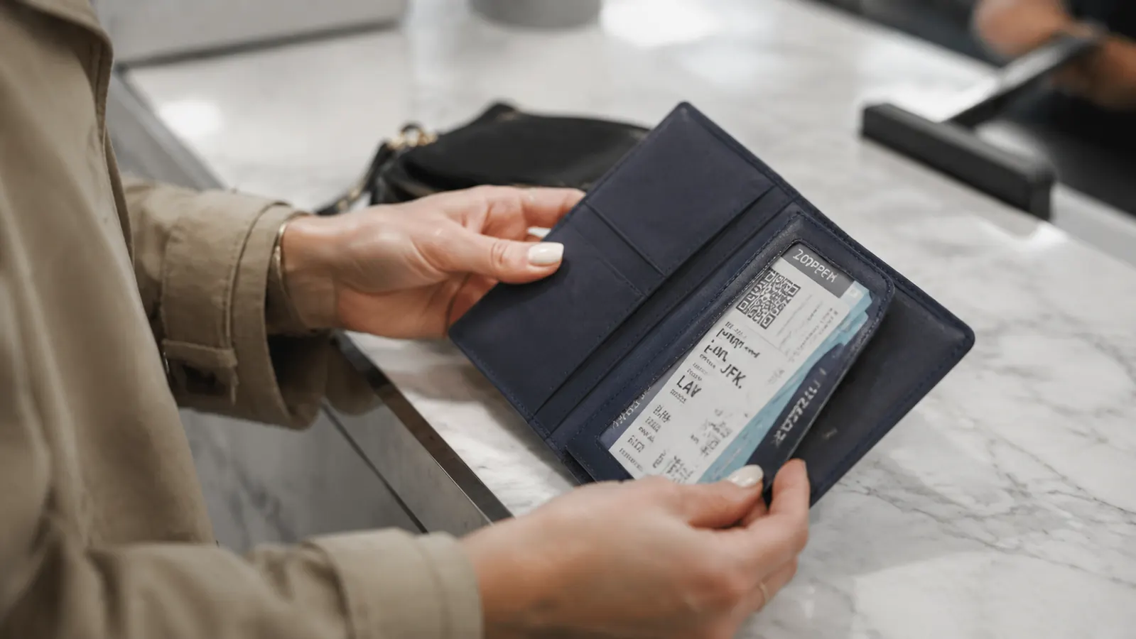 Traveler's hands holding a navy RFID passport wallet open on a marble airport surface, boarding pass visible