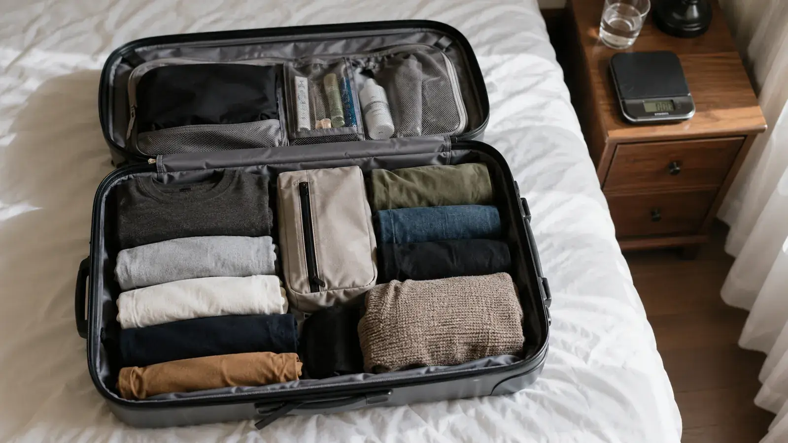 Open suitcase on a bed with items sorted into piles by weight category, ready for strategic repacking