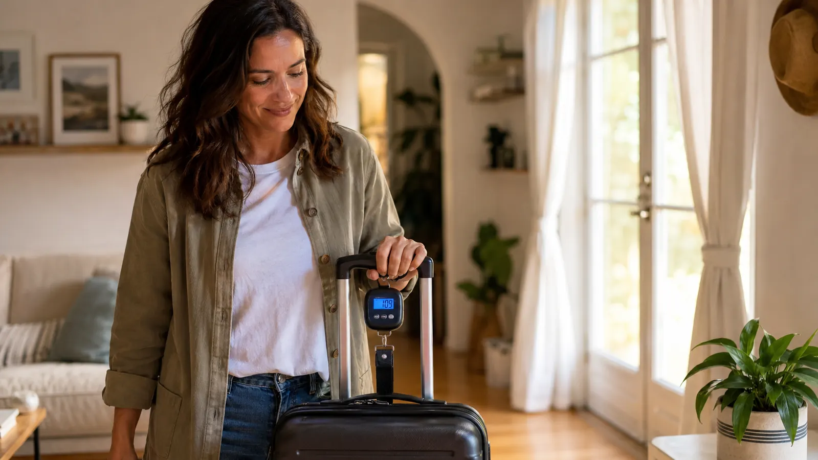 Traveler weighing a packed suitcase at home using a digital luggage scale before heading to the airport