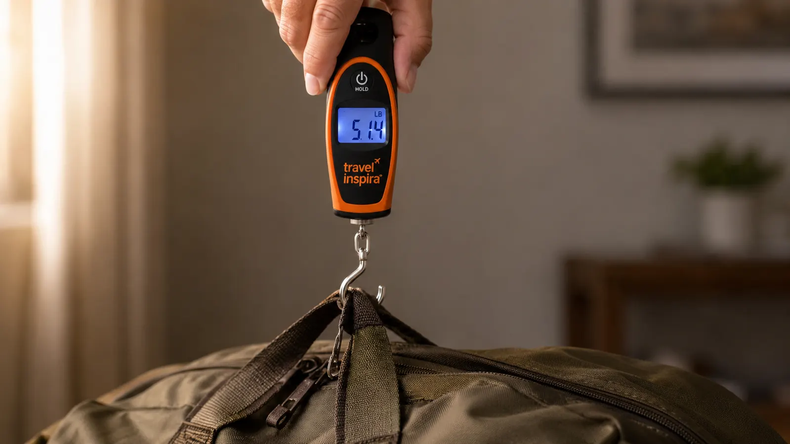 travel inspira luggage scale hooked onto a large overstuffed duffel bag, display reading 51.4 lbs near the weight limit