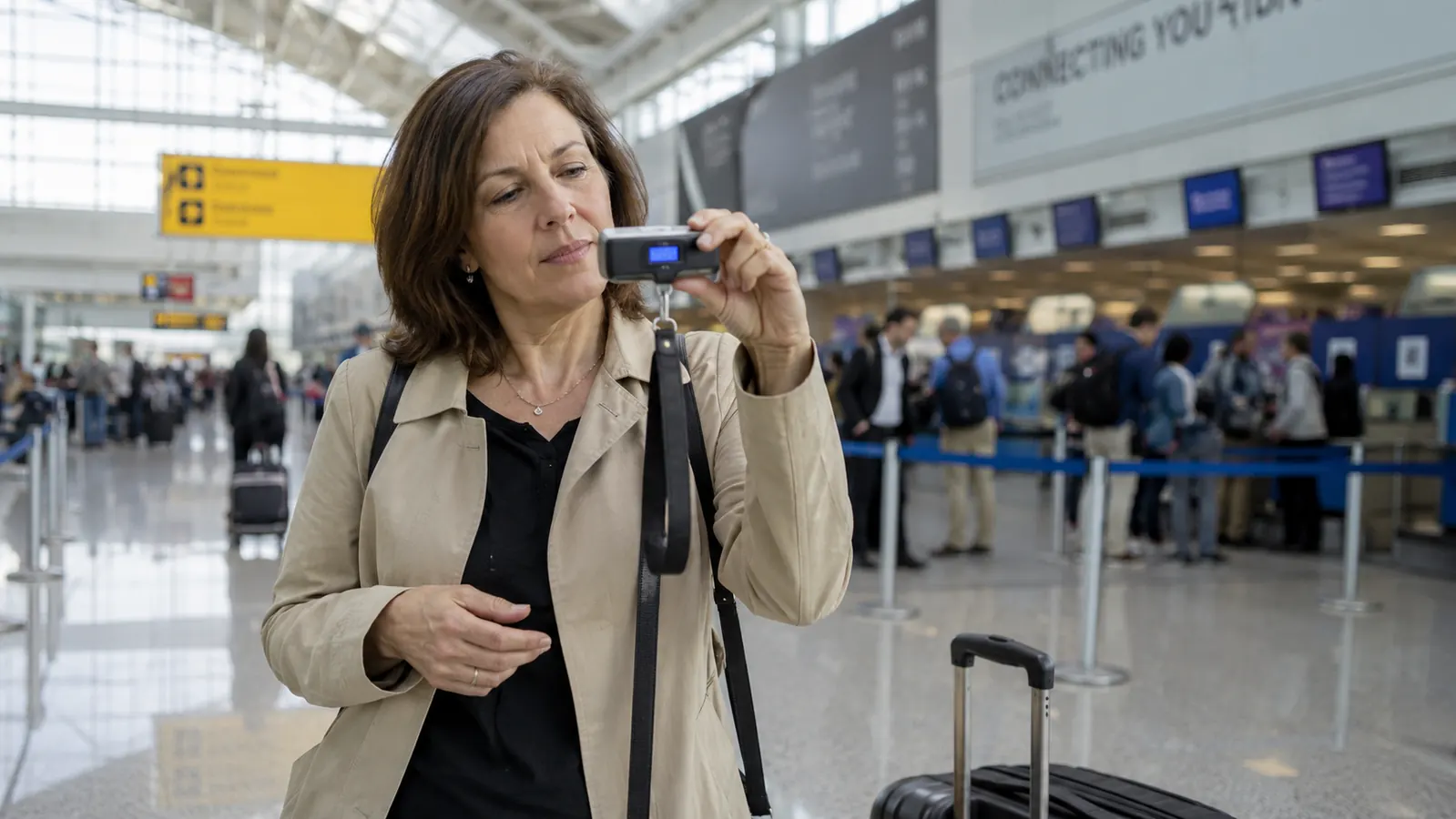 Traveler in airport departure hall holding a compact digital luggage scale and looking at the display with a measured expression