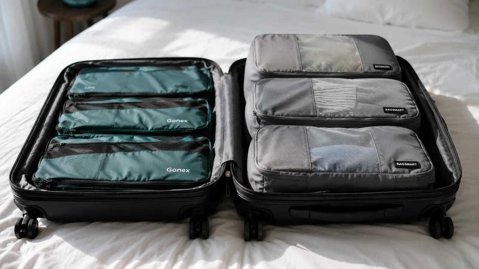 Two sets of packing cubes laid out side by side on an open suitcase, compression cubes on the left visibly slimmer and flatter