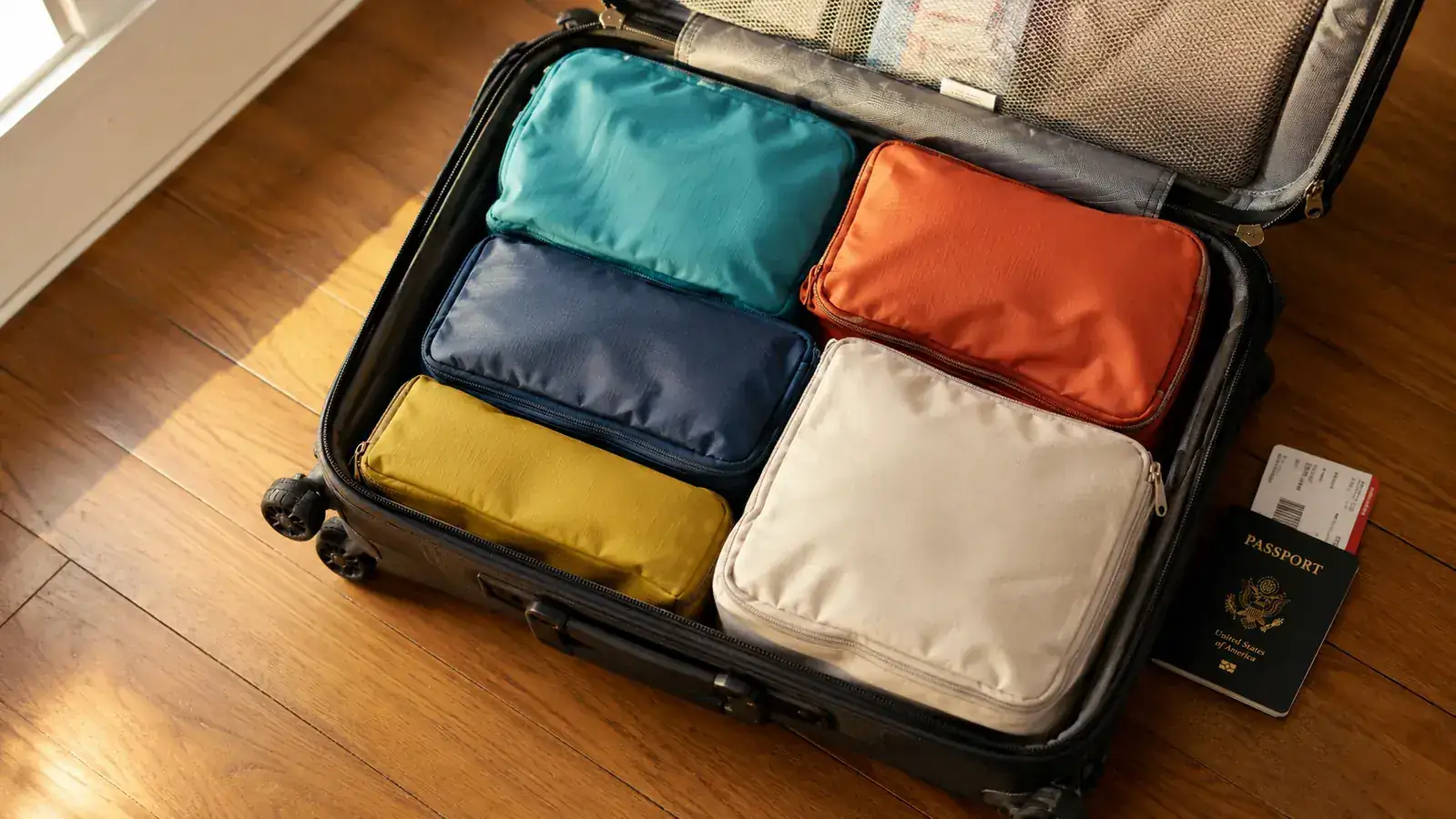 Open carry-on roller bag packed with teal and coral compression packing cubes, stacked neatly, on a hardwood floor beside a passport and boarding pass