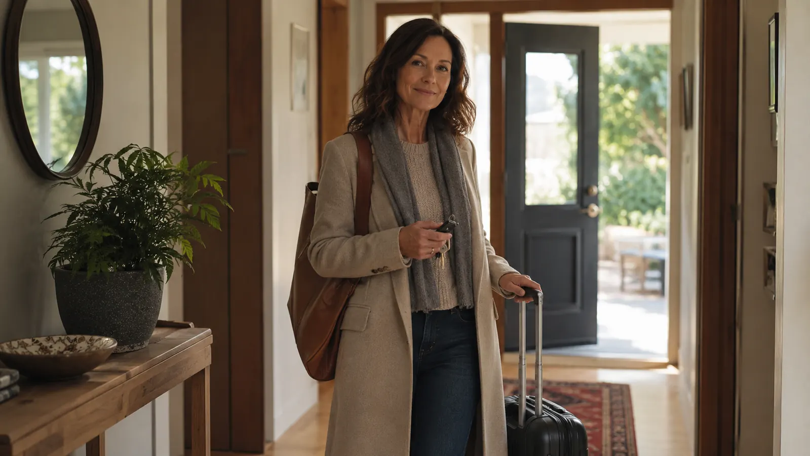 A woman zipping a single carry-on bag near her front door, looking calm and ready to leave for the airport