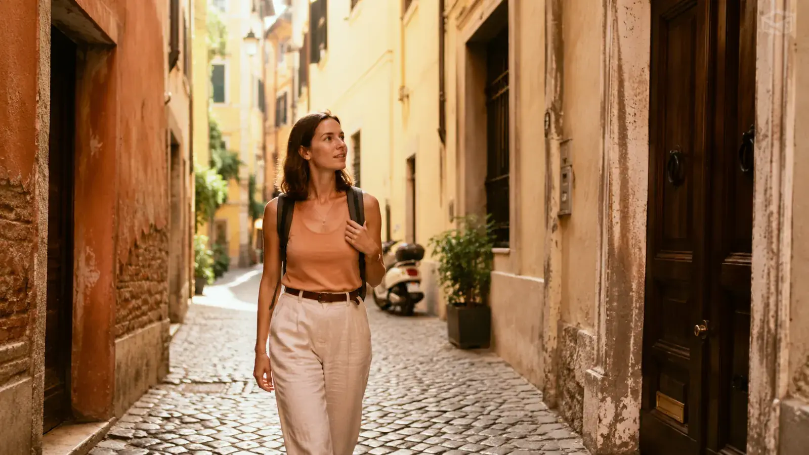 Woman walking through narrow Rome cobblestone alley with a small backpack, warm afternoon light