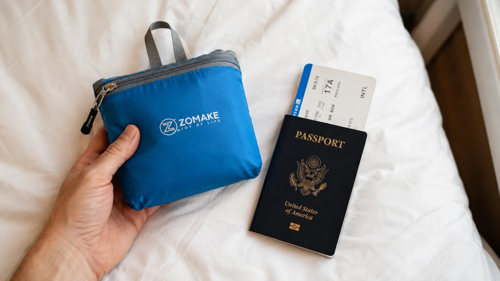ZOMAKE packable daypack folded into its integrated pouch next to a passport and boarding pass on a hotel bed