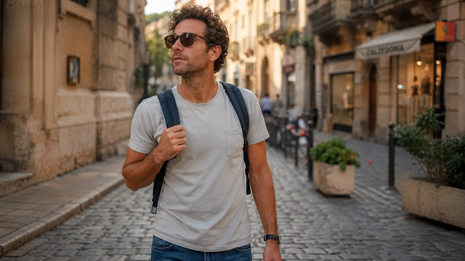 Traveler walking a cobblestone street with the ZOMAKE daypack on their back, city buildings in background