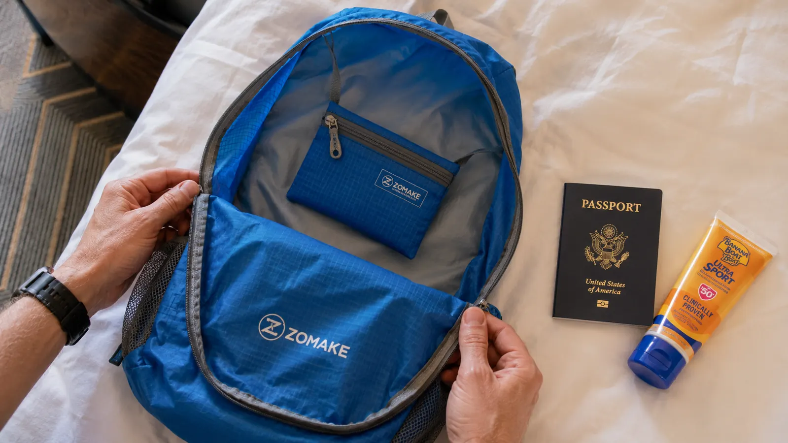 A packable daypack unzipped to show the sparse interior with a single pouch inside a large open main compartment