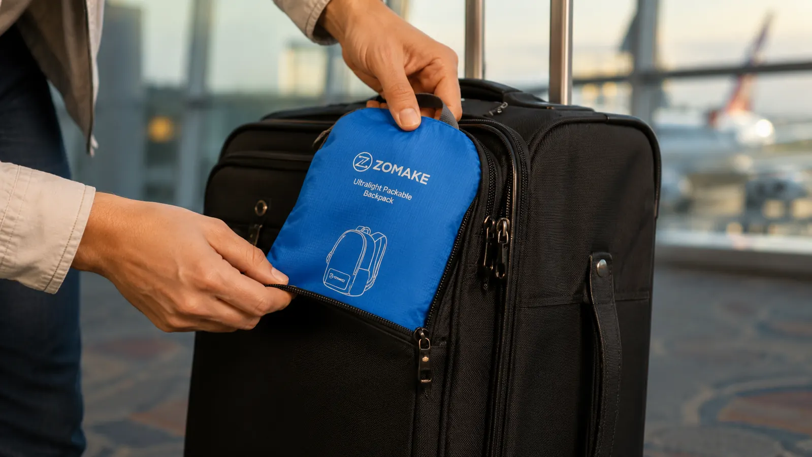 Hands pulling a folded ZOMAKE packable daypack out of a small carry-on luggage side pocket