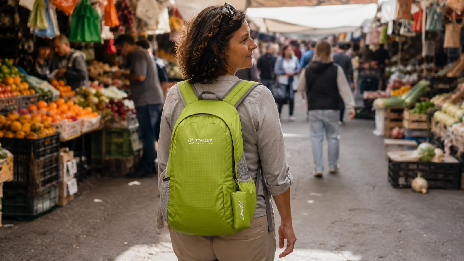 ZOMAKE 20L daypack worn on back during a market walk, stuffed with purchases, visibly full