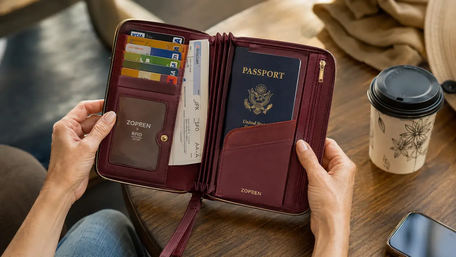 RFID blocking passport wallet open showing passport, boarding pass, and credit cards