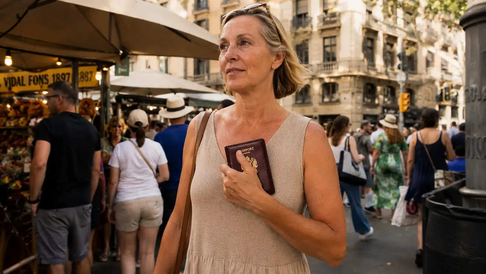 Woman holding a passport and travel wallet in a busy European market crowd