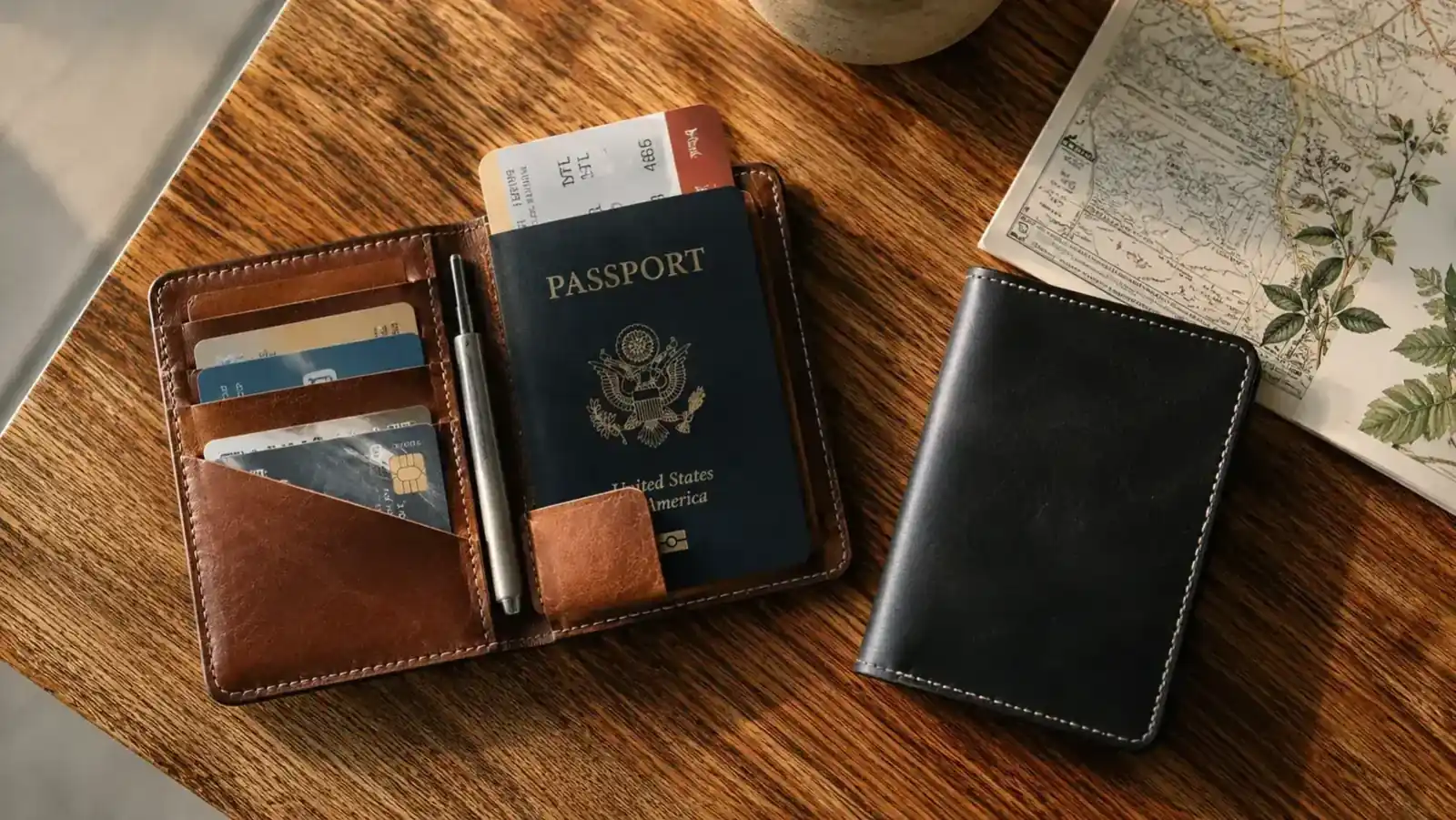Two passport wallets side by side on a wooden table next to a passport and boarding pass