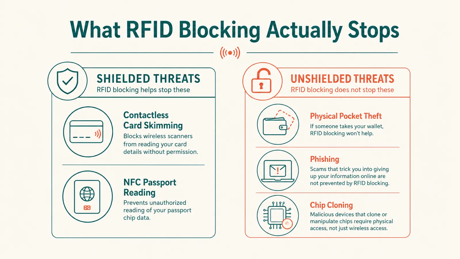 Diagram showing what RFID blocking does and does not protect against, with icons for contactless cards, physical theft, and skimming