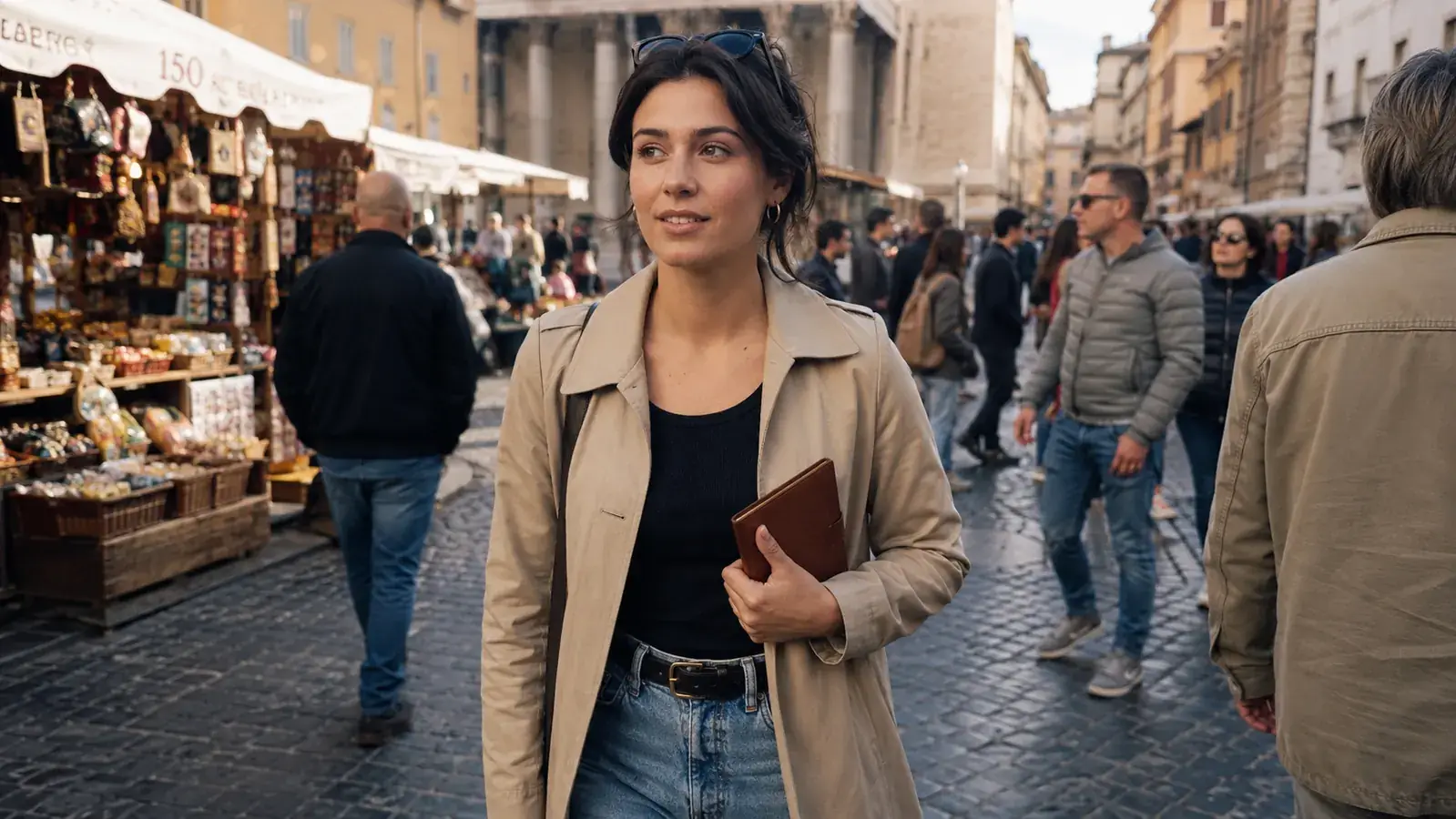 Woman walking through a busy European market with a passport wallet tucked under her arm