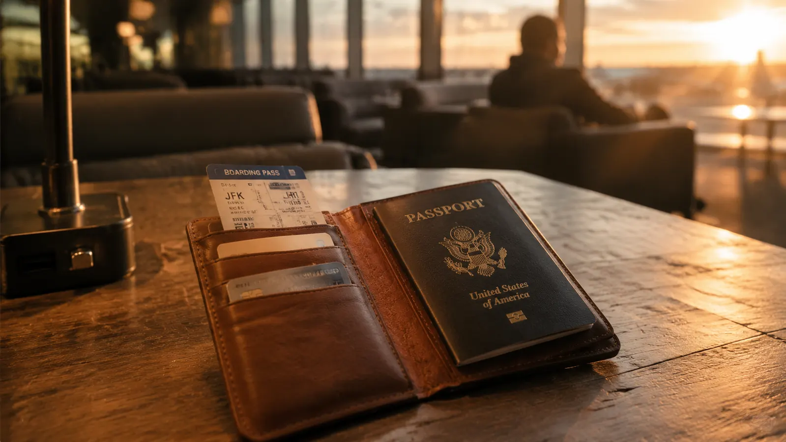 ZOPPEN RFID passport wallet open on a wooden table at an international airport departure lounge, boarding passes and passport visible inside